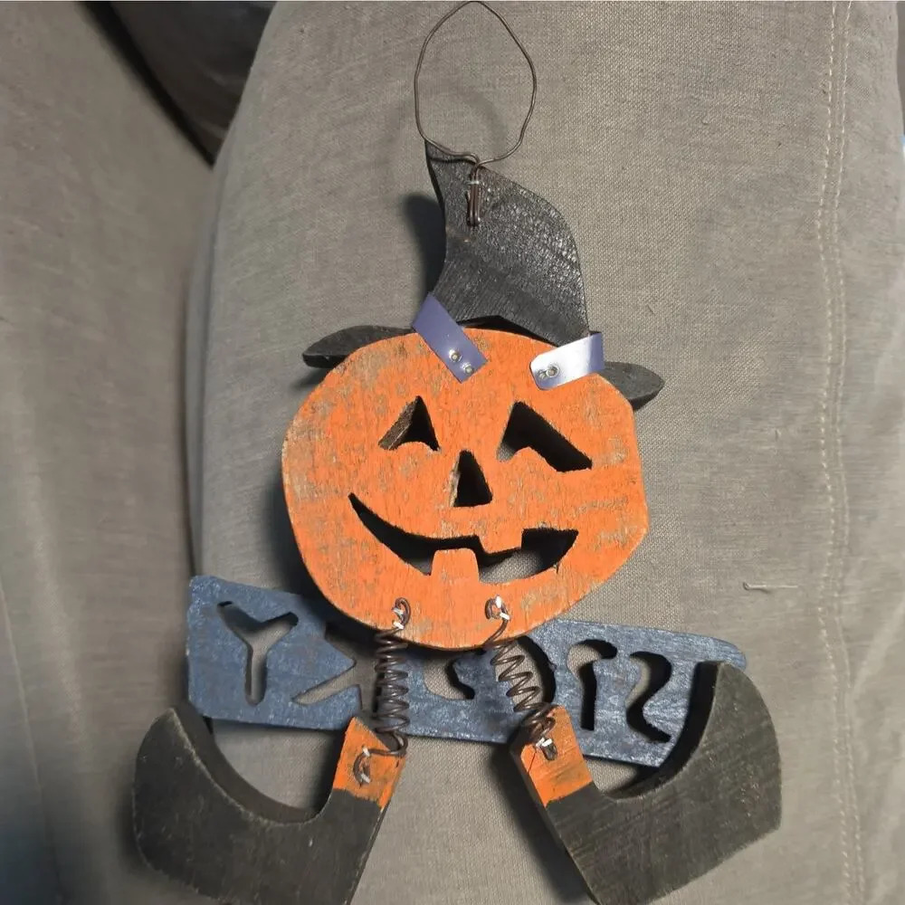 Vtg Wooden Halloween Whitchy Jack-o Lantern Wall Hanging Spooky Hollow 13”